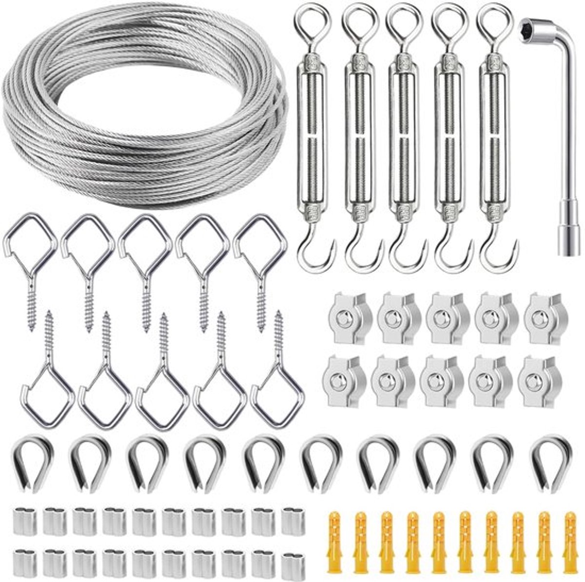 Staalkabel Rankhilfe-set 40m, RVS draadstijver 2mm diameter, PVC-ommanteling - Oogschroef, spanslot - Klimplanten, waslijn, gordijnen
