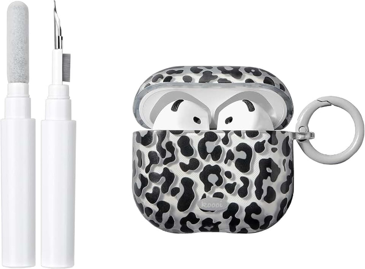 Hoes voor AirPods 4 met reinigingsset, schattige transparante luipaardprint hoes TPU beschermhoes met sleutelhanger vrouwen meisjes, voor Airpods 4e generatie - zwart luipaard