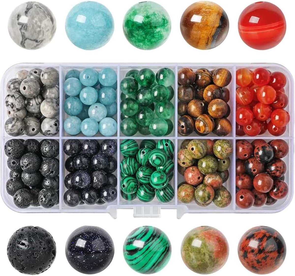200 stuks 8 mm blauwe jaspis vulkanische stenen kralen in een doosje voor doe-het-zelfprojecten
