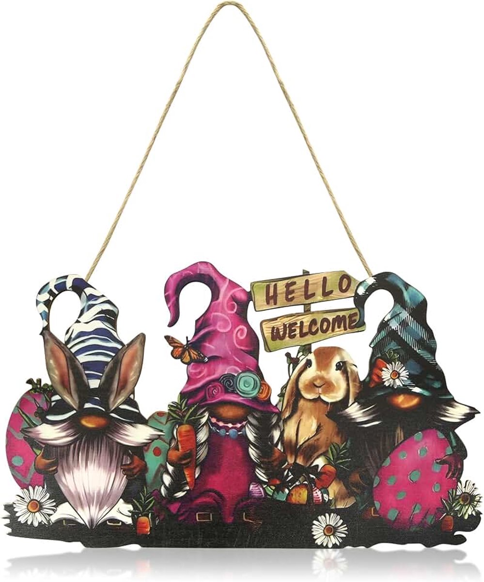 Pasen hangende decoraties, schattige kabouters paashaas deur hanger teken, houten paaskabouter krans voor voordeur muur borden konijn lente decoratie