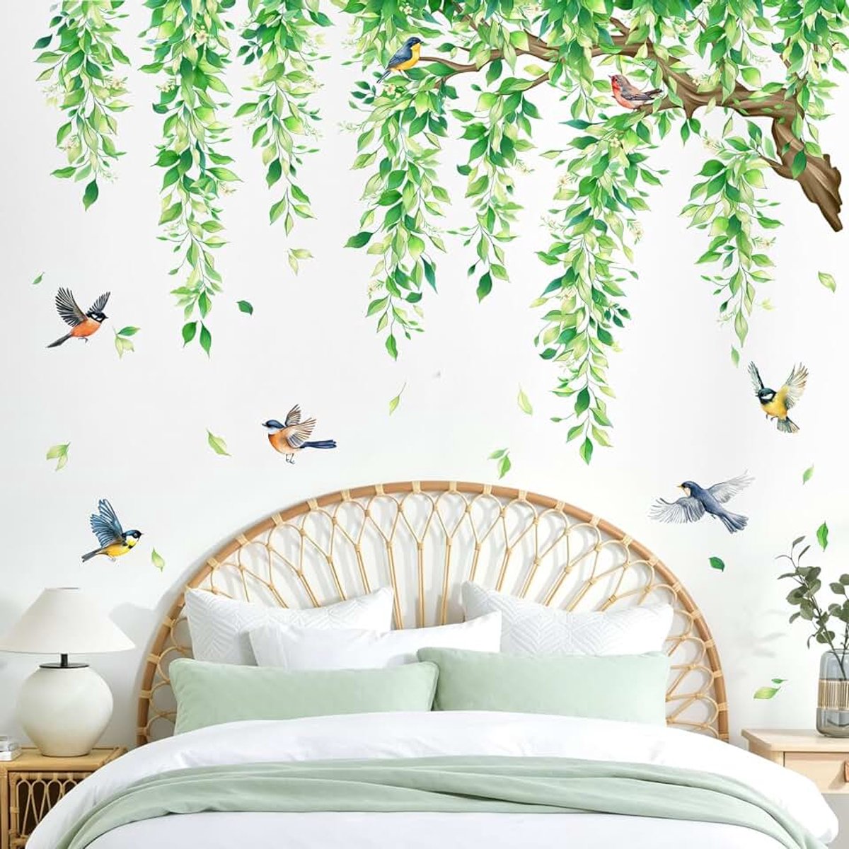Muursticker boom groot hangende groene bladeren plant muursticker | XXL muursticker opknoping groene bladeren vogels wanddecoratie voor woonkamer, slaapkamer en achtergrond bank