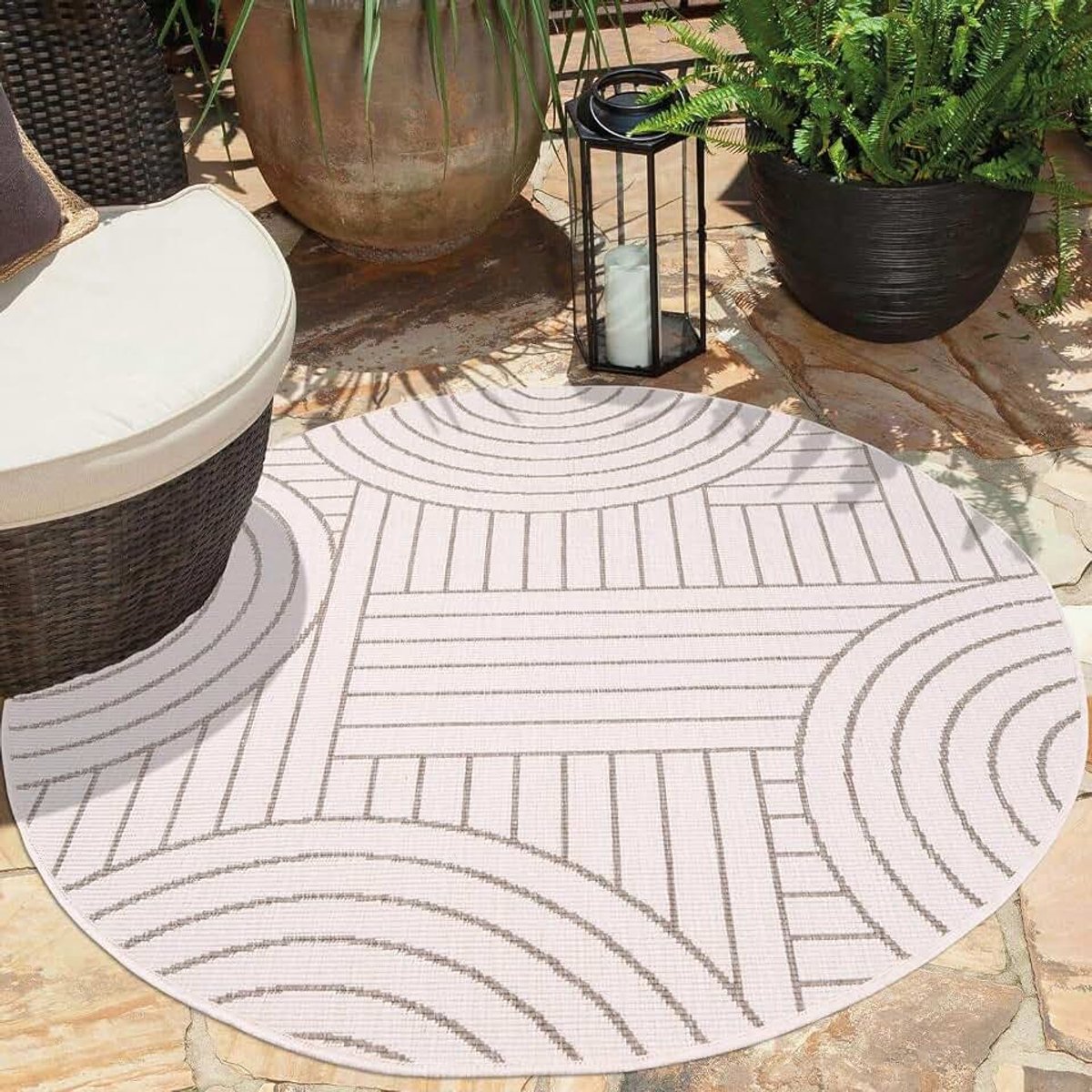 Carpet city Indoor en outdoor tapijt, beige, crème, omkeerbaar tapijt, 160 cm rond, geometrisch patroon, weerbestendig voor balkon, terras, modern, voor binnen en buiten, woonkamer, keuken