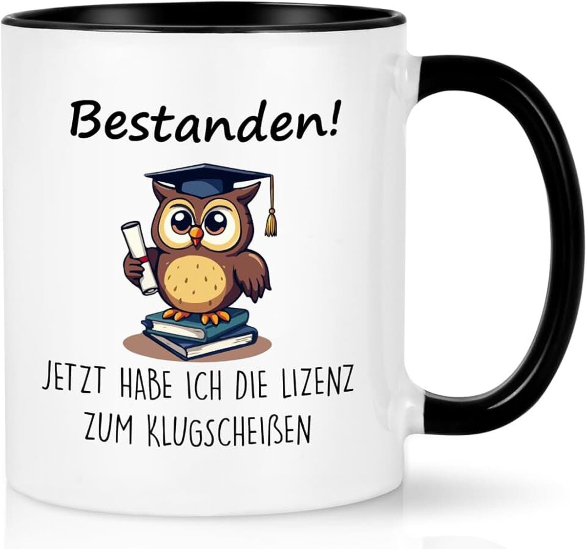 Examen geslaagd cadeau koffiemok met spreuk Nu heb ik de licentie zum Klugscheissen Bachelor Afstuderen geslaagd examen cadeau bachelor opleiding, 320 ml zwart