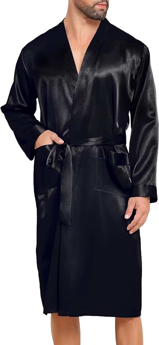 Badjas voor heren, satijn, lichte kimono, badjas van zijde, lange mouwen, nachthemd voor heren, badjas en nachtkleding met riem en zak
