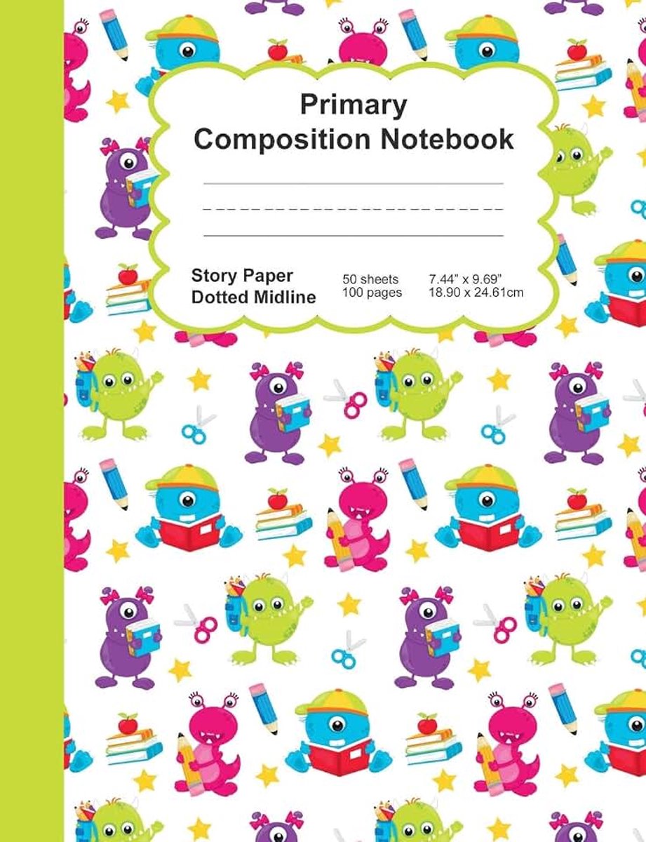 Composition Notebook: Happy School Monsters - Story Space Dotted Mid Line :: Softcover Book - Home School, Boy Girl Student Teacher, Classroom :: 7.44" x 9.69" - 100 ruled pages - 50 sheets