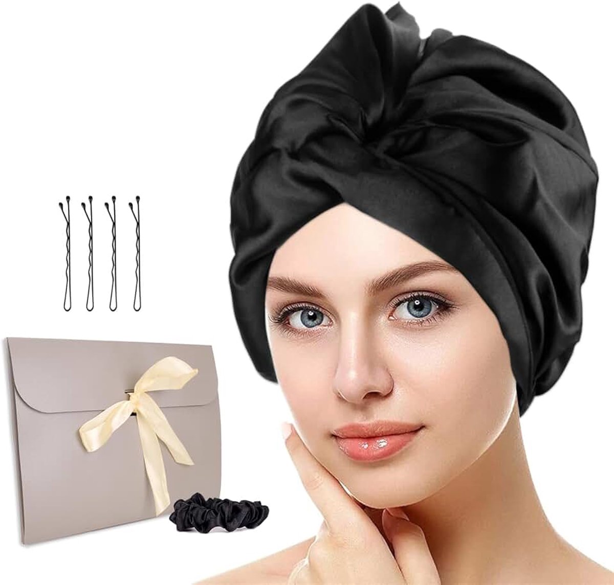 Slaapmuts om te slapen - zijden slaapmuts voor 's nachts gezond haar, behoudt de krulvorm, voorkomt kroezen en haarbreuk, zijden bonnet zijde voor vrouwen met alle haartypes, zwart Kaempe