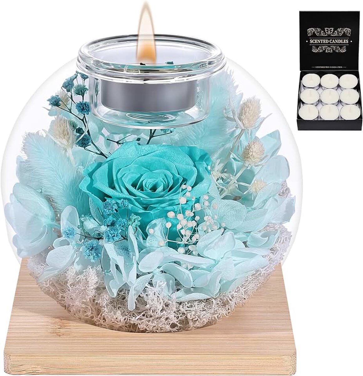 Roos, verjaardagscadeaus voor vrouwen, echte eeuwige rozen met glazen deksel, cadeaus voor vrouwen, zussen, vriendinnen voor verjaardag, Thanksgiving, Kerstmis (cyaan)