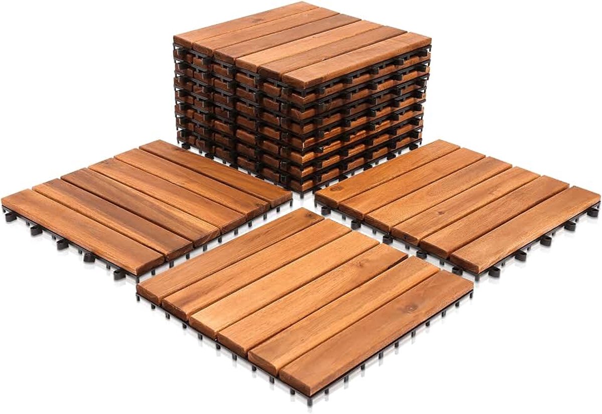 Houten tegels, 22-delige tegelset, 2 m², geschikt als terrastegels en balkontegels, van acaciahout, 30 x 30 cm, voor tuin, terras, balkon