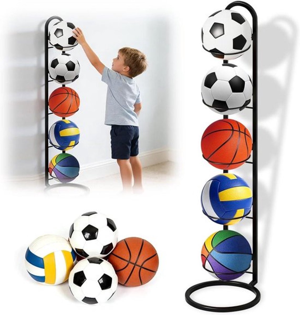 Balstandaard voor 5 ballen - zwart - verticale opslag - afneembaar rek - van metaal - stabiel en robuust - voor basketbal, voetbal, volleybal - sportuitrusting organizer