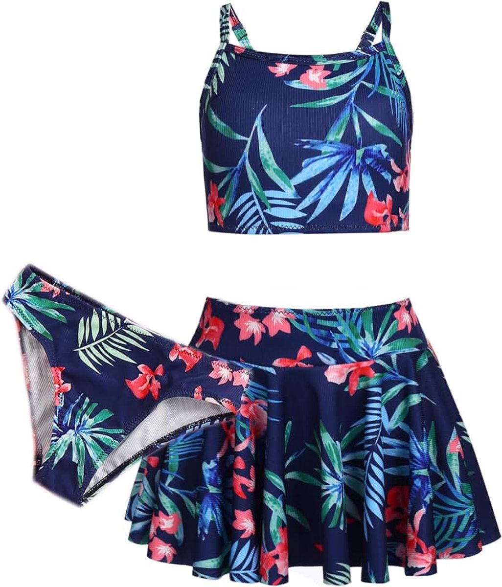 Bikini's voor meisjes, 3-delig, zomer, badpak, tankini voor kinderen, met rok, bloemenprint, badmode, bikini's voor meisjes van 5-14 jaar