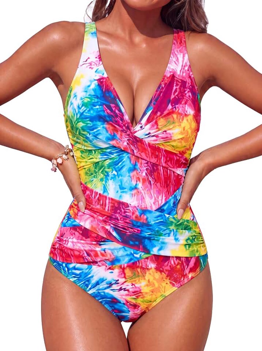 Badpak voor dames, buikcorrigerend, afslankend, push-up, schuimvulling, ruches, retrostijl, vintage