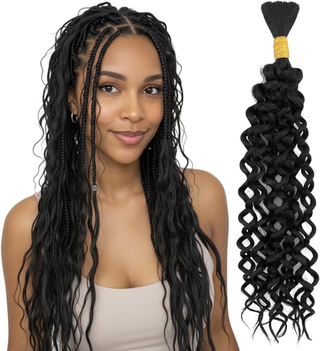 Gevlochten haar van echt haar, dieptegolf, boho vlechten om te vlechten, 50 g, 1 bundel, geen bundels, boho vlechten, echt haar, krullend haar, natuurlijk zwart, 50 cm