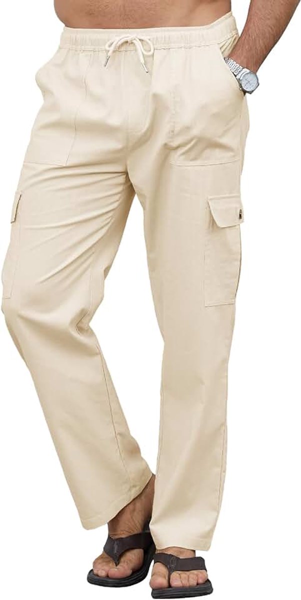 Cargobroek voor heren, zomer, van linnen, lichte zomerbroek met zijzakken en elastische tailleband, comfortabel en veelzijdig voor zomer en reizen