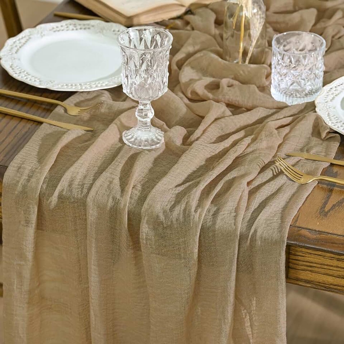 Mode Boho kaasdoek, gaas, zand, bruiloft, tafelloper, 80 x 400 cm, tafel thuis, woonkamer, decoratie, feest, verjaardag, babyshower, decoratie | Seizoensgebonden Stof Keuken Eetkamer Vakantie Tafel Decor voor Home Party