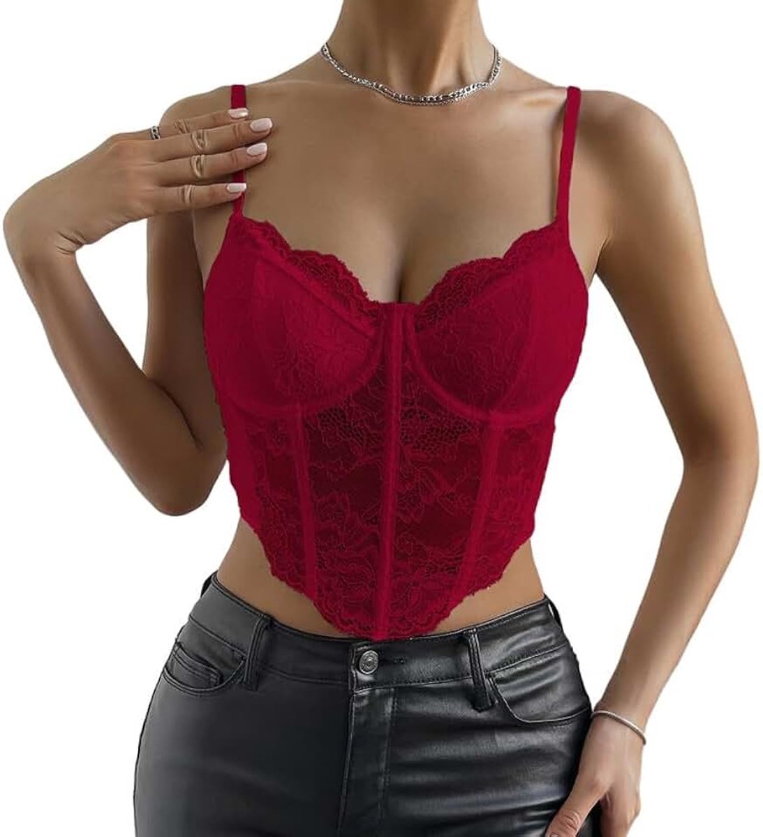 Damestop van kant, tanktop, zomer, sexy, slim fit, korset met dunne bandjes, mouwloos, crop top, V-hals, verstelbare tanktop, elegante onderjas, nauwsluitend, bustier, clubwear