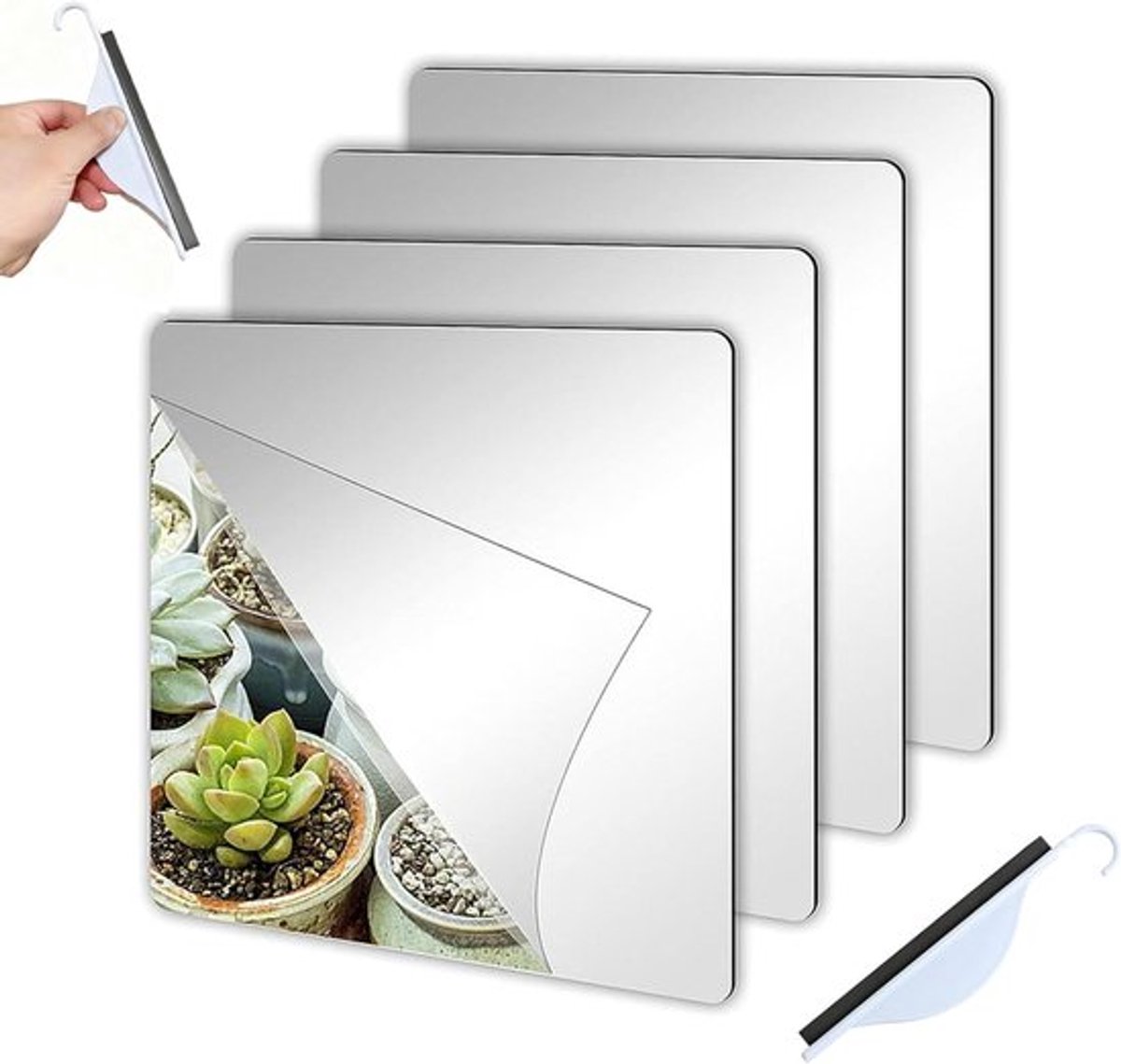 Spiegel tegels set van 4 stuks 15x15 cm - acryl spiegelstickers met schoonmaakkrabber - wanddecoratie voor slaapkamer, badkamer, hal - lichtgewicht en veilig