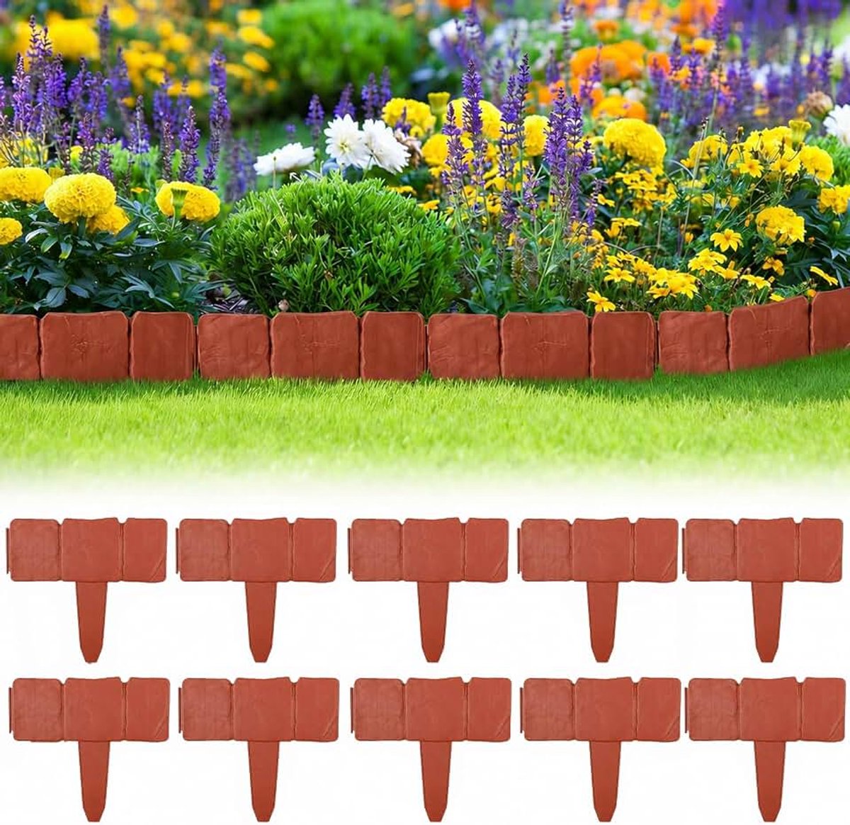 10 stuks gazonrand, kunststeen, tuinrand, kunststof, tuinrand, steen, flexibele rand voor gazon, gazonrand van flexibel kunststof, tuinhekken (baksteenrood)