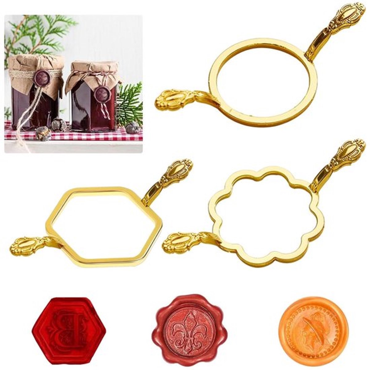 Metalen was-zegelvormen voor cadeauverpakking en enveloppen met ronde, bloem en zeshoekige vormen - set van 3.