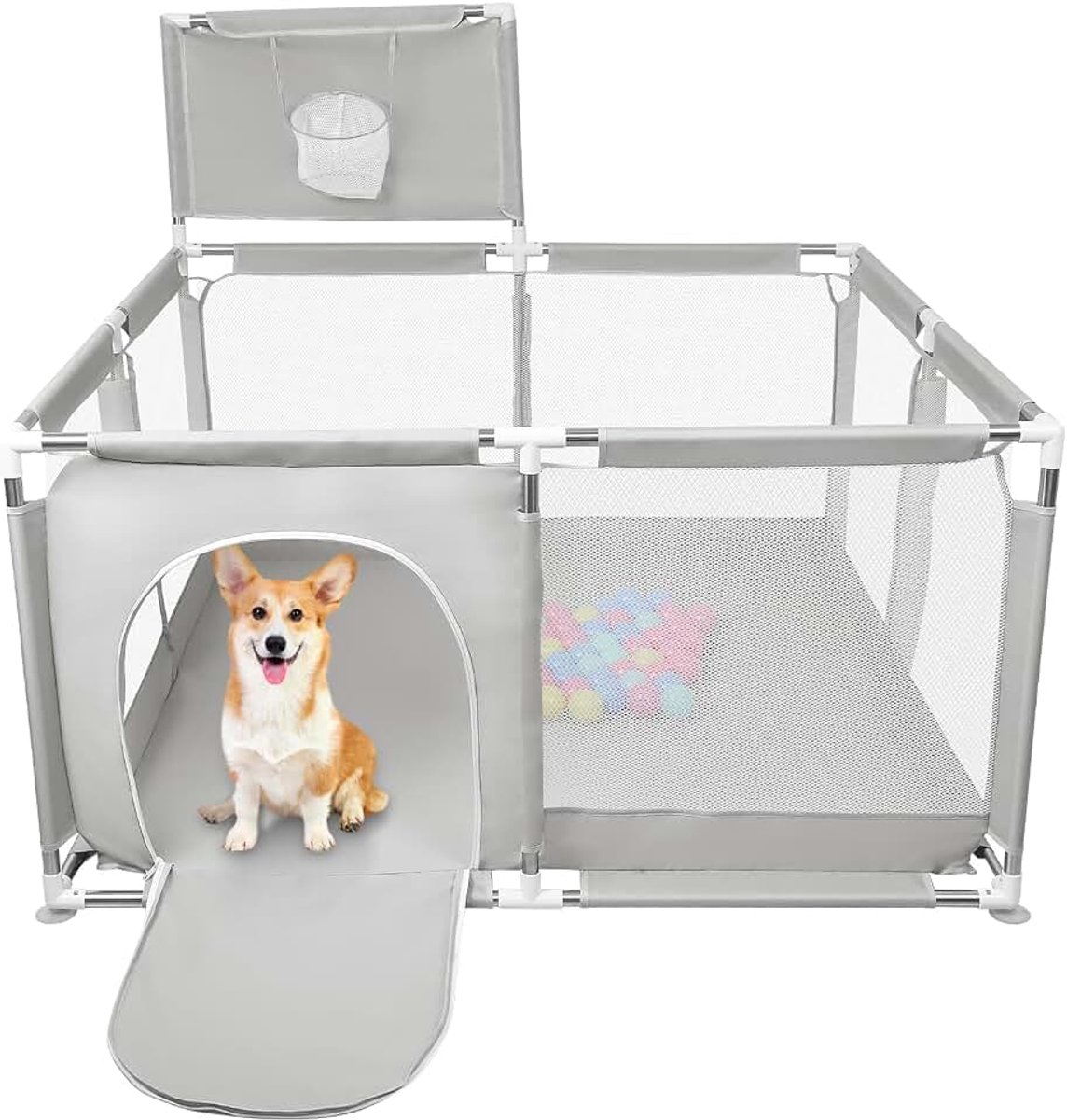 Puppybox met deur, box voor puppy's of kleine honden, robuuste omheining van dikke stof en net van nylon, hoge sterkte, machinewasbaar, binnen en buiten, 126 x 126 x 66 cm, lichtgrijs