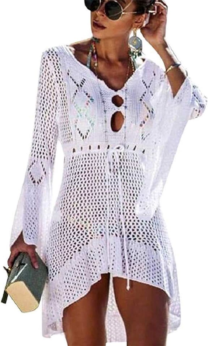 Strandkleding cover ups, dames badpak cover up strand bikini badpak badmode gehaakte jurk, A - Wit, one size