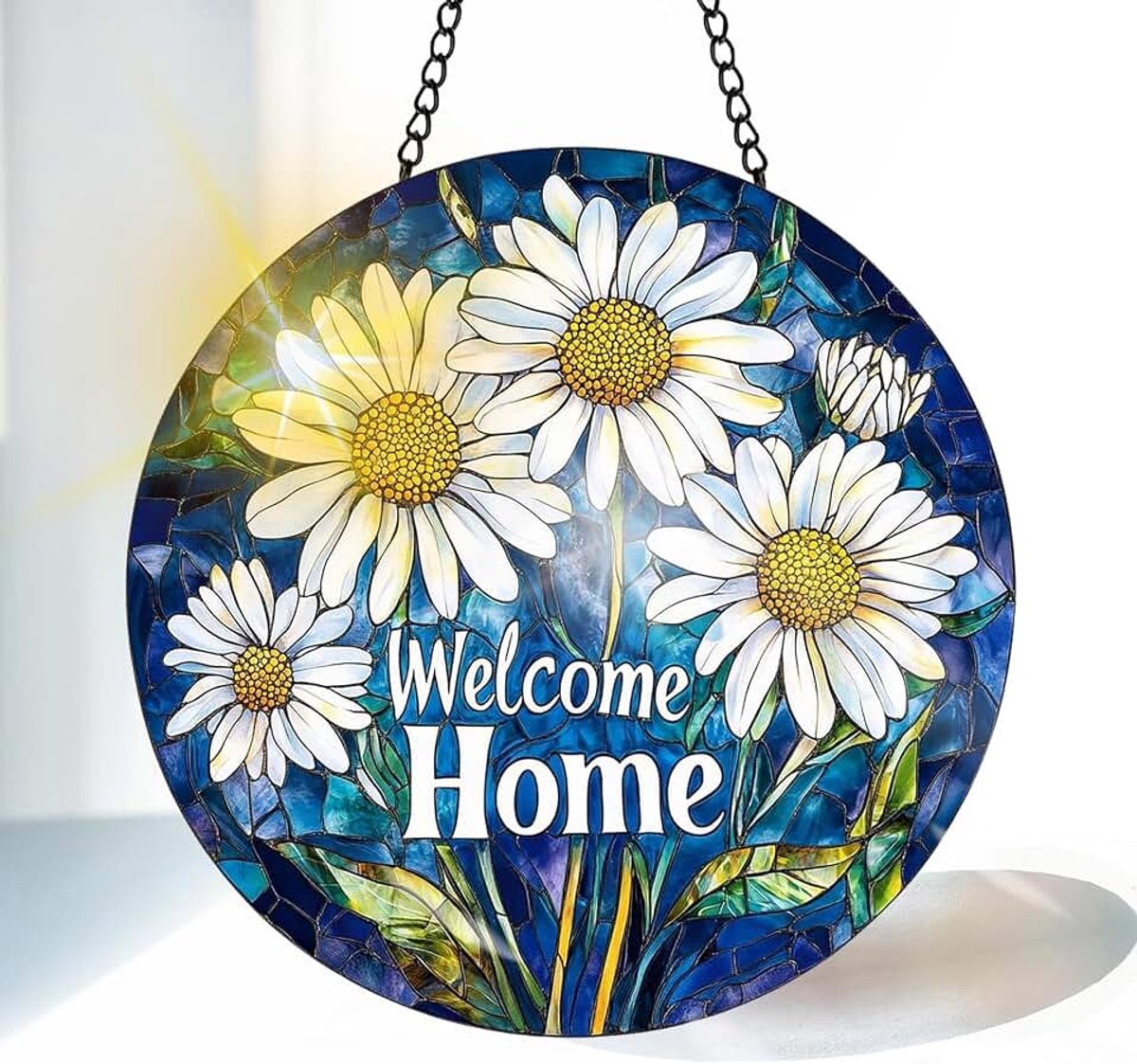 Welkom Thuis Gekleurde Glas Zonnevanger 20 cm, Decoratief Chrysant Glasraam Ornament met Ketting en Ophanghaak, Raamdecoratie voor Venster, Woonkamer, Tuin of Balkon, Cadeau Idee
