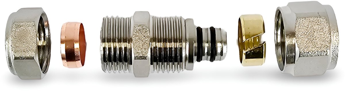15 mm - 16 mm (Cu - PEX) klemring-schroefverbinding voor koperen buisovergang naar PEX PE-X fittingen Conex