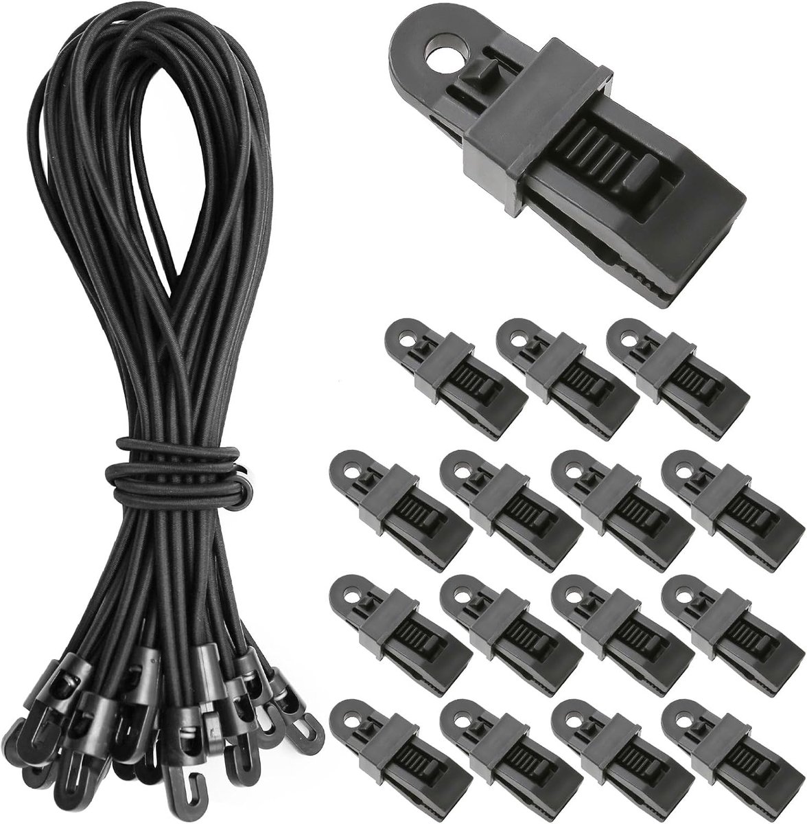20 stuks 25 cm spanrubbers met haken + 20 stuks zeilclips-expanders met haken, zeilspanner, voor tentcamping, fietsen, vrachtvervoer (zwart)