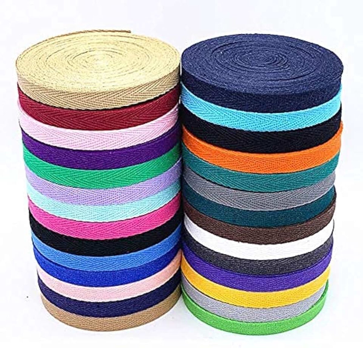 Katoenen keperband, 56 m, 10 mm, 28 kleuren
