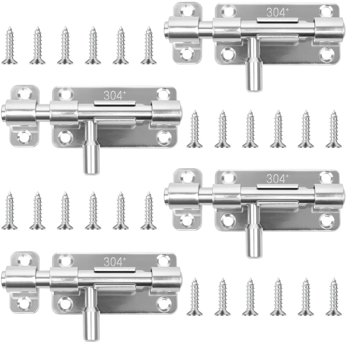Deurgrendel van roestvrij staal, 4 inch, afsluitbare schuifstrip (4 stuks) met meerhoekbouten voor maximale inbraakbeveiliging op deuren, ramen, tuin en schuren, incl. bevestigingsschroeven