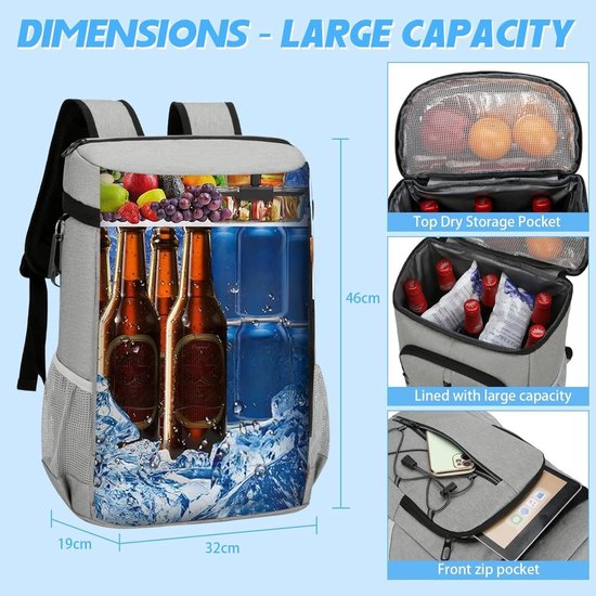 Koelbox Rugzak - Isotherme Tas - Picknick en Reizen - Waterdicht en Lekvrij - 28 Liter Capaciteit - Blauw — afbeelding 3