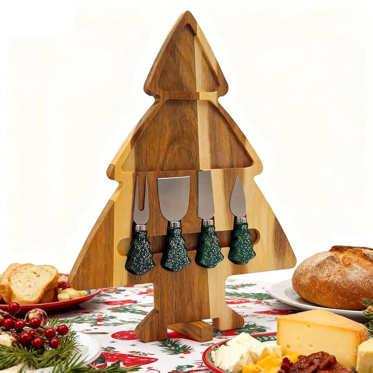 Houten Kerstboom Serveerplank - Dubbelzijdige Charcuterie Set met 4 Magnetische Messen & Draaibare Stand - Feestelijke Kaasschotel Cadeau voor Kerstsnacks, gastvrouw Gift
