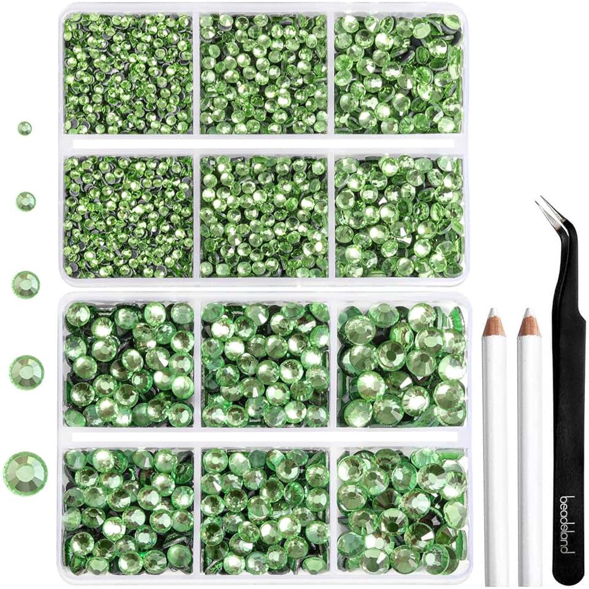 6736 stuks Hotfix Strasssteentjes Flatback, Licht Groen Strass voor Handwerk en Kleding Gemengde 5 Maten, Hotfix Kristallen met Pincet en Wasstift Kit, SS6-SS30, Peridoot/Licht Groen