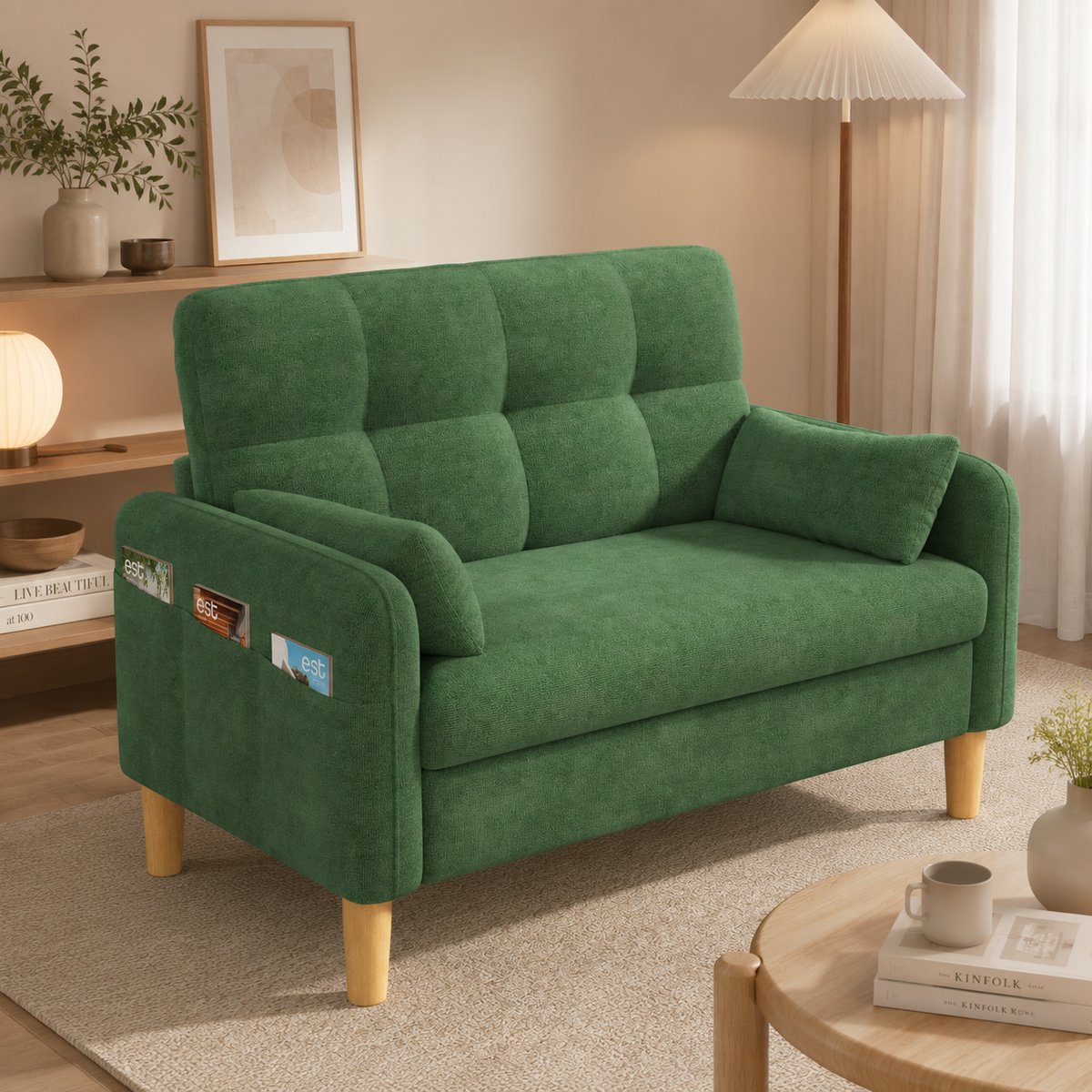 Zitsbank - 2-zits bank - Comfortabele zitbank - Kleine Sofa - Met zakken aan de zijkant - Met armleuningen - Met opbergvak - Met kussen - Chenille - Zacht zitkussen - Geschikt voor kantoren, woonkamers en studeerkamers - Groente