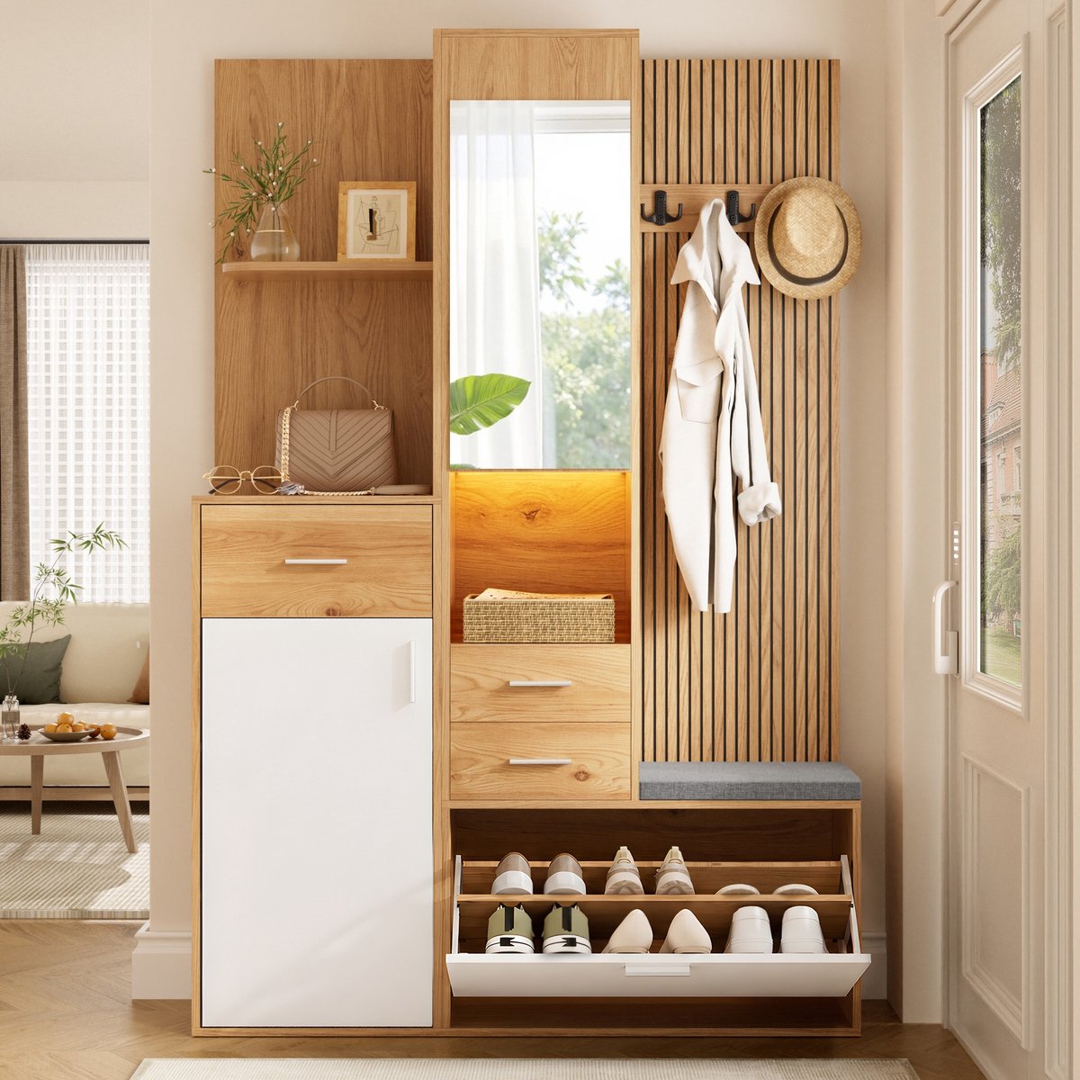 Sweiko Halmeubel - Schoenenkast - Compacte garderobekast - Met spiegel - LED-verlichting - 3 lades - Natuurhoutkleur + Wit