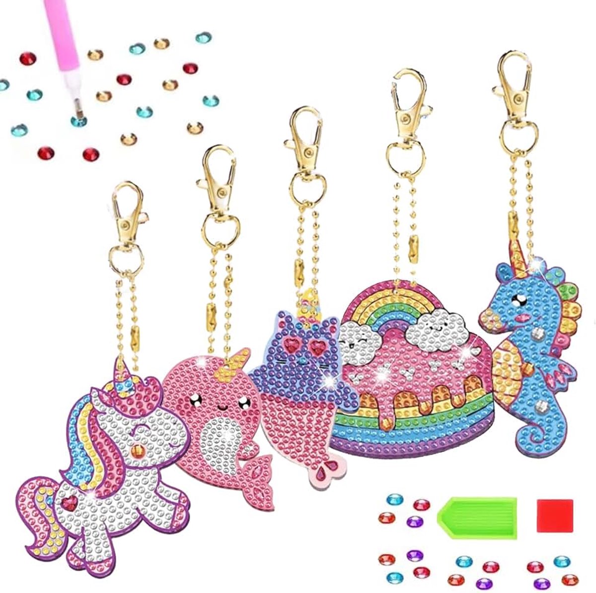 Set van 5 Chiavi Aganci stickers, diamant, kleurati, Senza, colla, lavorazione, handmatige infantile, met Herramienta de Punto de Diamante 6-12 Regalo per Ragazze, Artigianato, Natalizio, Lavorazione
