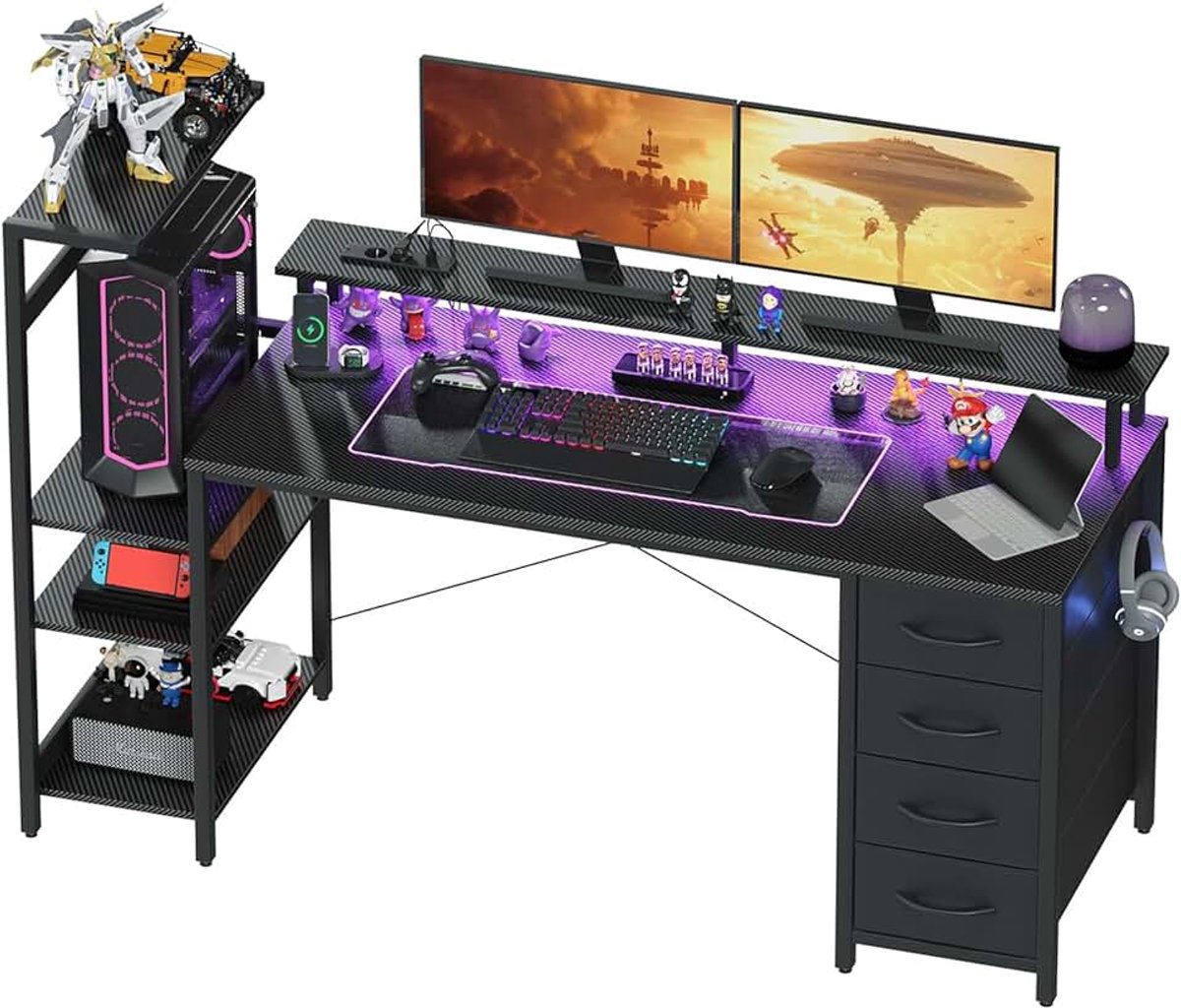 Gamingtafel met ledverlichting en stopcontact, 150 x 50 cm, computerbureau met laden, koolstofvezel, zwart