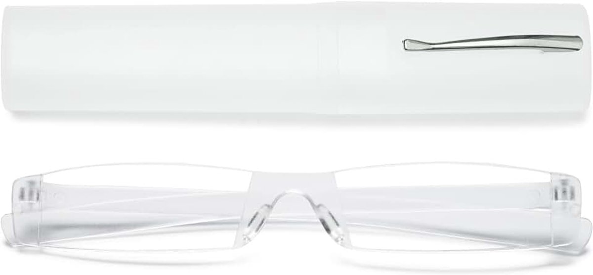 Randloze leesbril met etui, voor dames en heren, mini-leeshulp, zichthulp, zonder frame, transparant