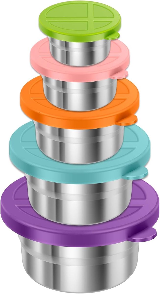 Lunchbox - Vershoudbakjes - Roestvrijstalen Snackbakjes met Silicone Deksel - Vershouddozen voor Fruit, Lunch en Picknick - Stapelbaar - 5 stuks