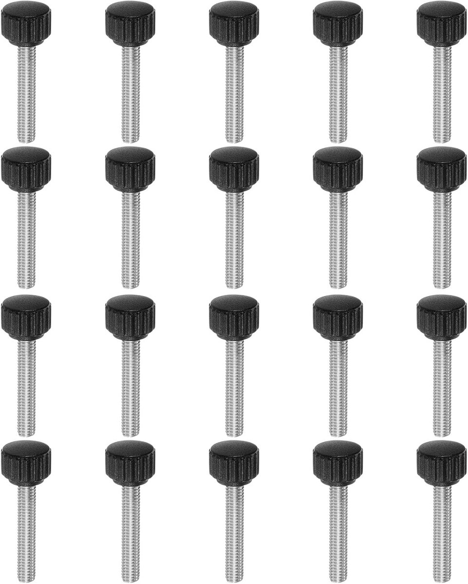 20 stuks gekartelde spanknoppen duimschroeven M6 x 30 mm metrische schroefdraad 16 mm matte kunststof kop 304 roestvrij staal stud handschroefdraad knop duimschroef handvat, zwart