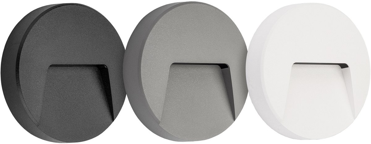Sibo LED buitenwandlamp, rond 135 mm, IP65, 2,8W / 310 lumen, 3000K warm wit, 3 covers zwart/wit/grijs