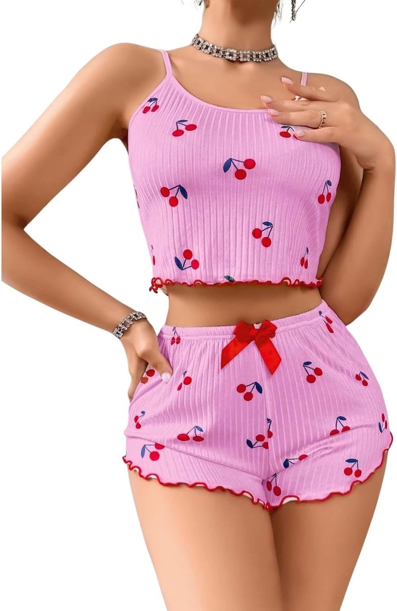 Pyjama voor dames, zomer, kort, hartprint, pyjamaset, tweedelig, tanktop + shorts, nachtkleding, mouwloos, sexy loungewear