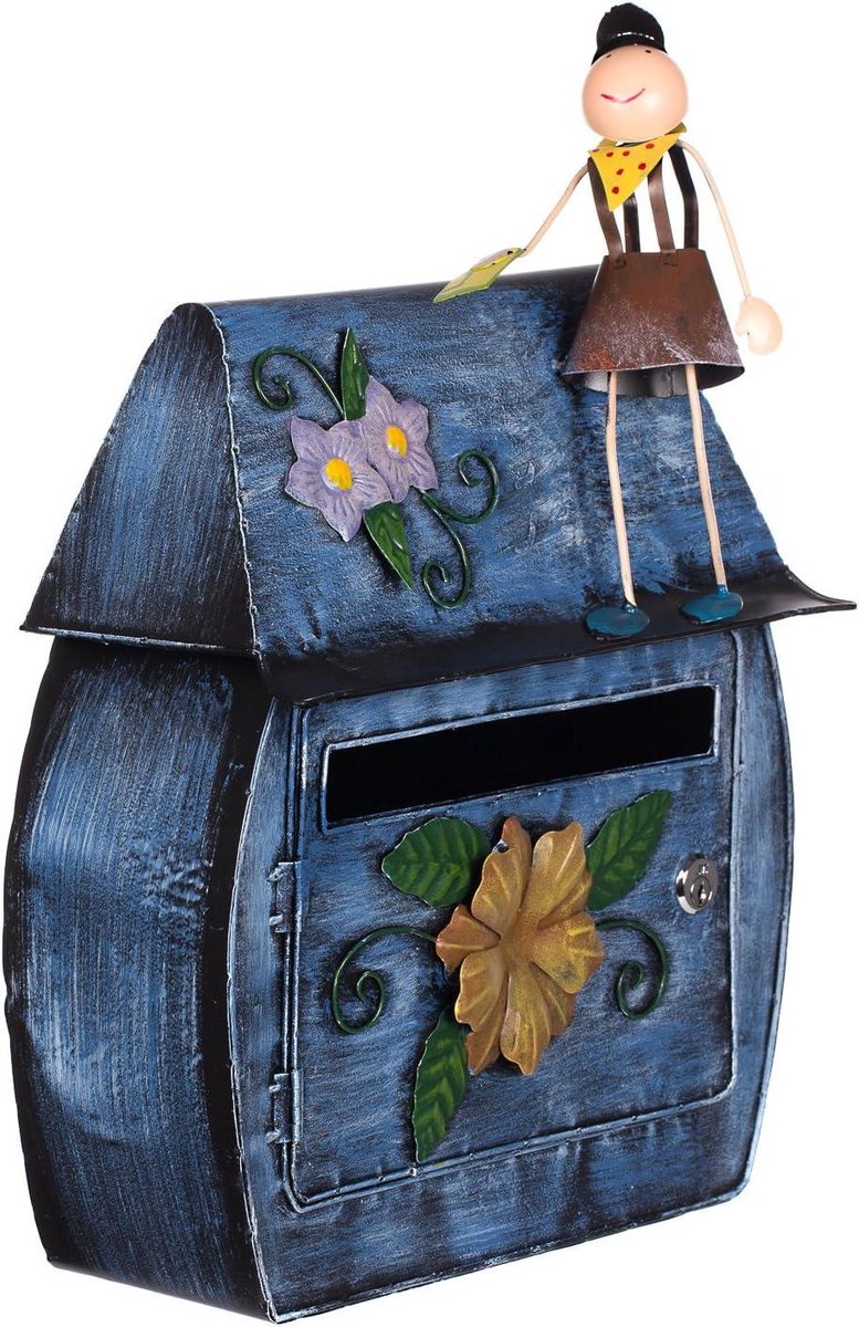 Brievenbus Huisjesdesign - Wandbrievenbus Metaal - Post Ontvangen - Antiek Handwerk - 46 cm Hoog - Blauw