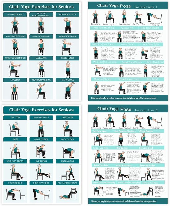 Yoga Stoel Grafiek - Workout Poster Set - Thuis Fitness - Geïllustreerde Oefeningen - 4 stuks - Groen — afbeelding 5