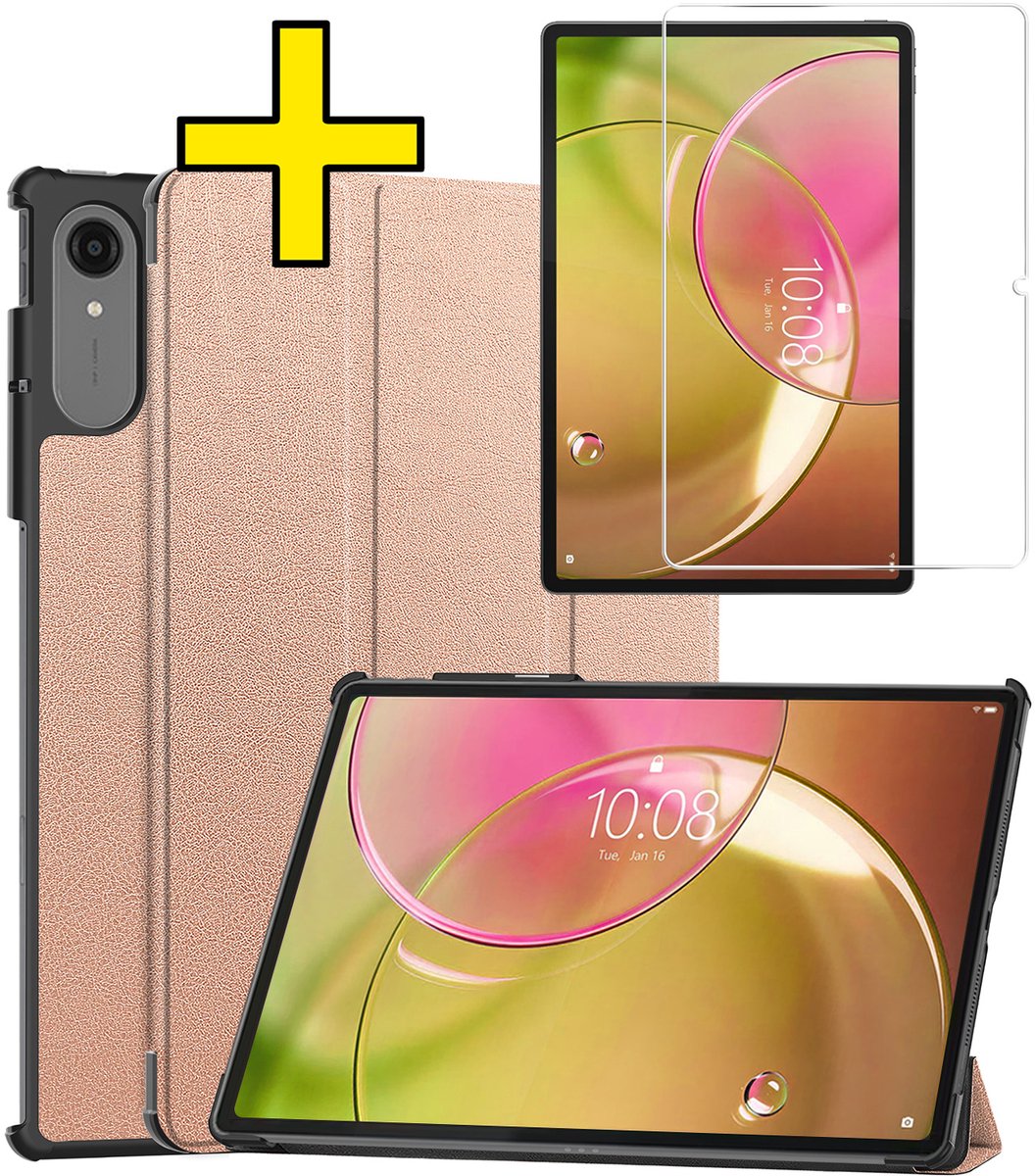 Hoes - Geschikt voor Lenovo Idea Tab Pro Gen 2 - Met Screenprotector - Trifold Bookcase - Hard Cover - Hardcover Book Case - Tablet Hoesje - Rosé goud