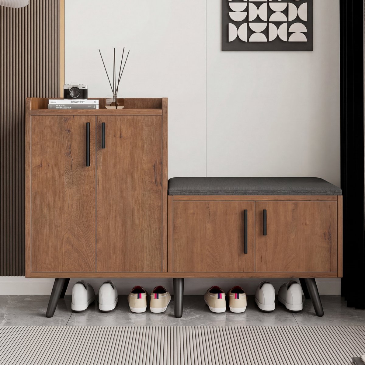Schoenenkast Met Zitbank - 120cm Schoenenrek Met Opbergruimte - Houten Look