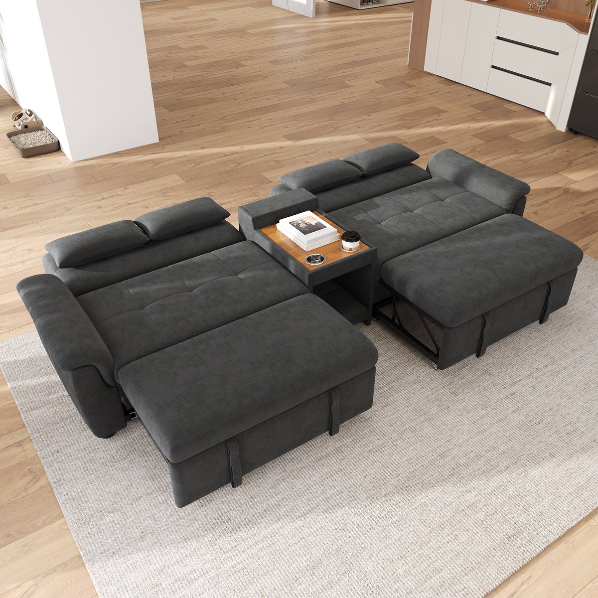 U-vormige Schlafbank met Doppel-Schlafauszug - Verstellbare Rückenlehne - Chenille - Dark Gray - 284x138x89 cm