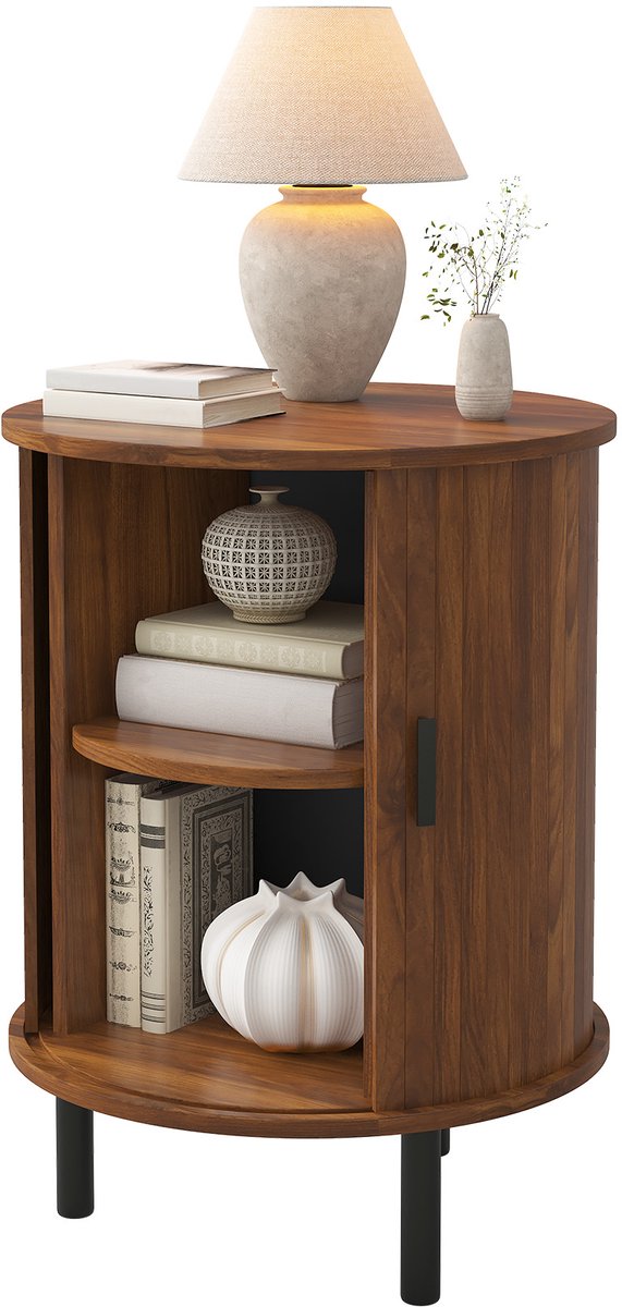 Ronde Bijzettafel Met Opbergruimte - Kastje Met Schuifdeur, Geribbeld Design En Metalen Poten - Naturel