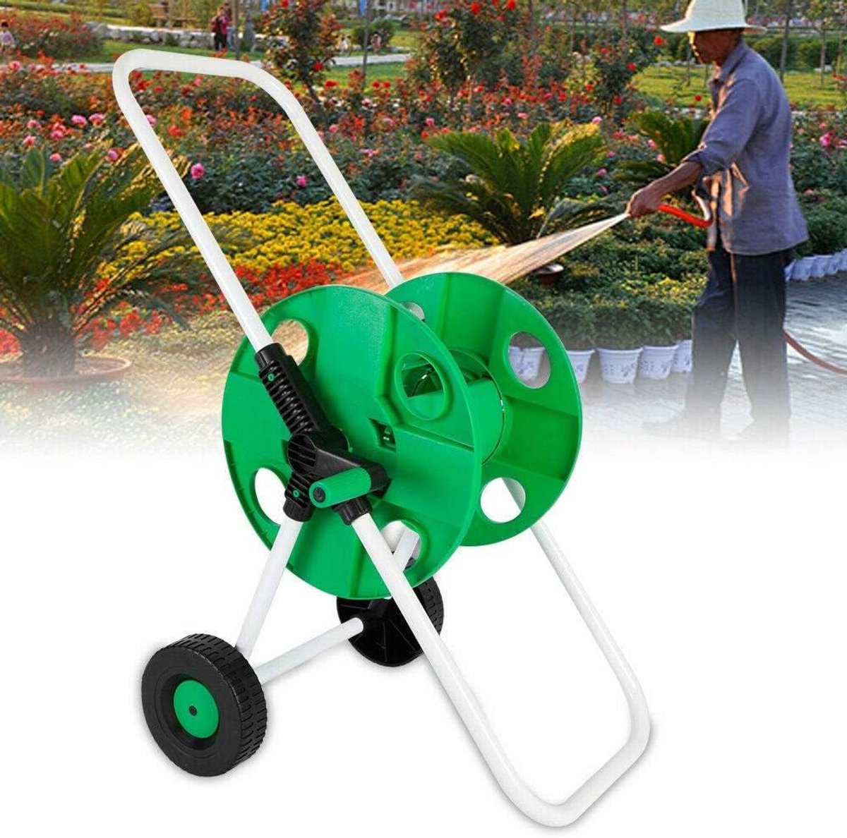 Slangwagen - Waterslanghouder - Tuin water geven - Stabiel en lichtgewicht - 50 meter capaciteit - Groen/wit