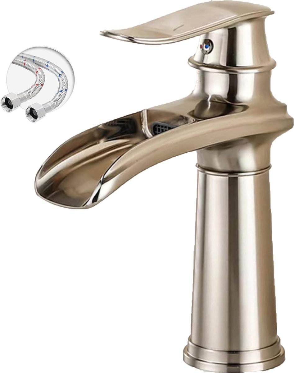 KZQ Waterkraan Badkamer Wastafelkraan Modern Badkamerkraan Wastafelmengkraan Waterval Badkamer Kraan Eengreepsmengkraan Warm En Koud Verstelbare Wastafelarmatuur - Laag Model - Nikkel Geborsteld