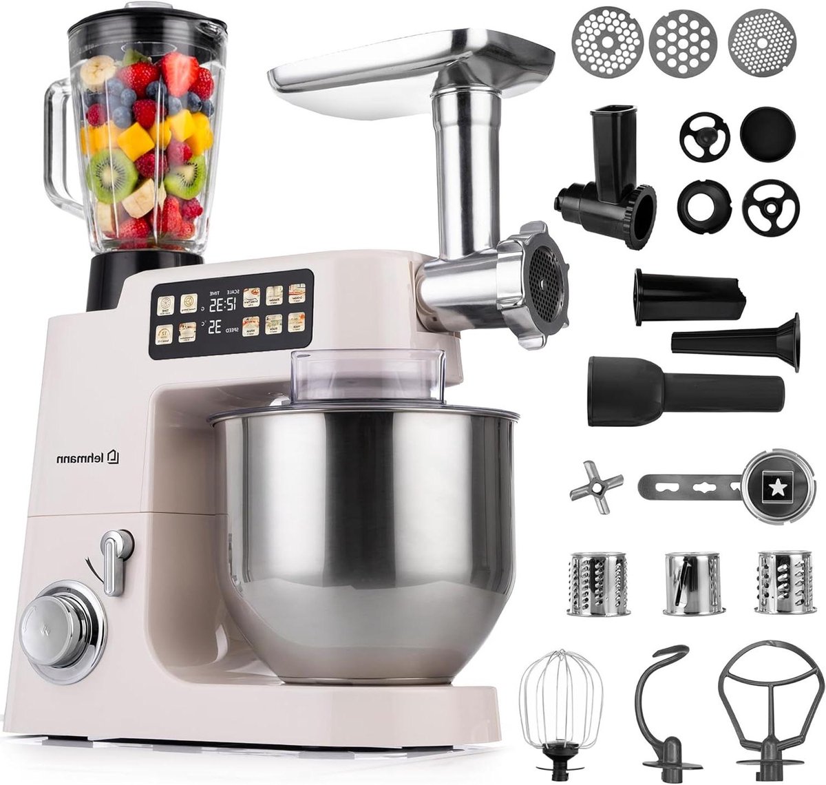 Keukenmachine - Keukenrobot Mixer - Bakken en Koken - Geïntegreerde Weegschaal - 8 Liter Kom - Beige